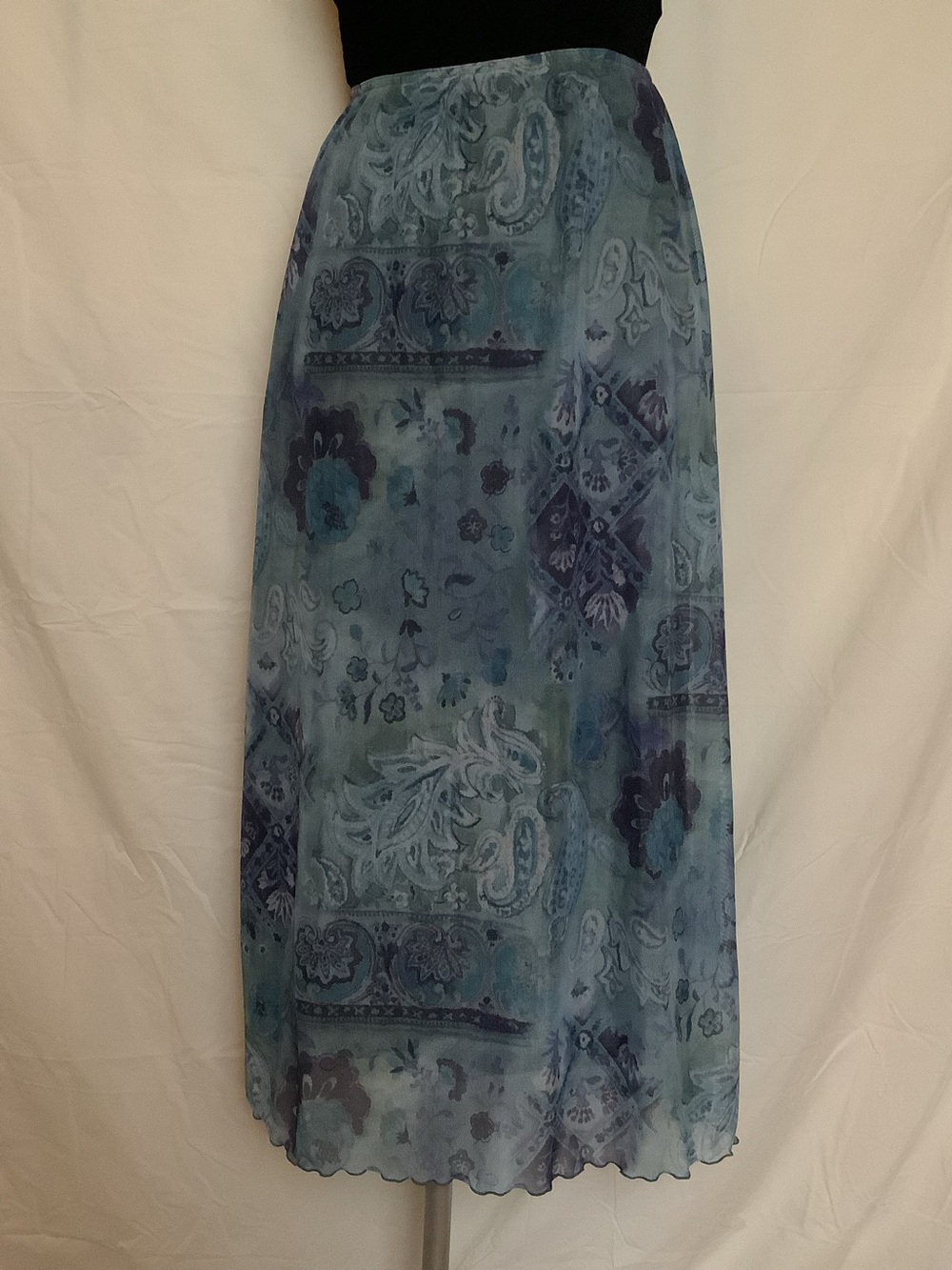 TravelSmith Vintage Maxi Skirt-Blue Paisley Floral Pattern-Lined-Elastic Waist-S